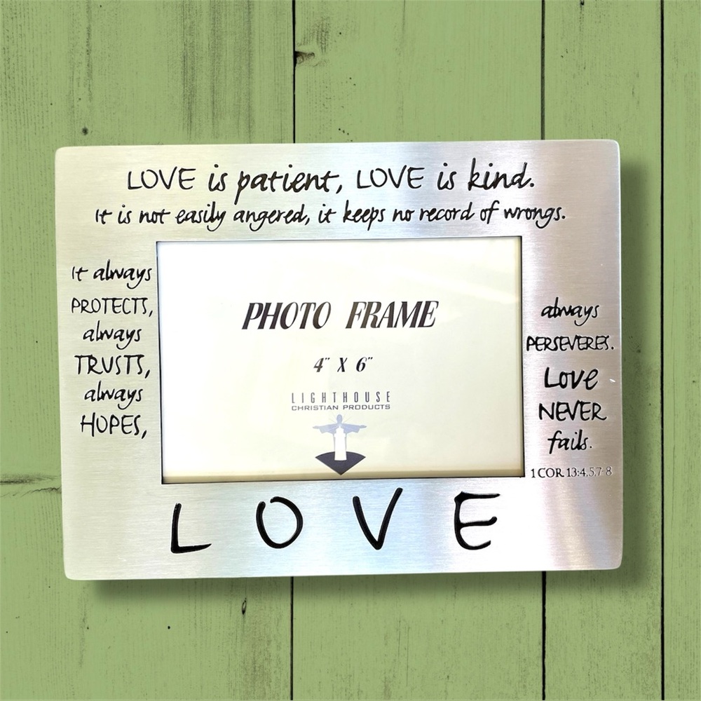NWT Love Is Kind… Bible Quote Brushed Metal Picture Frame Christian Lighthouse